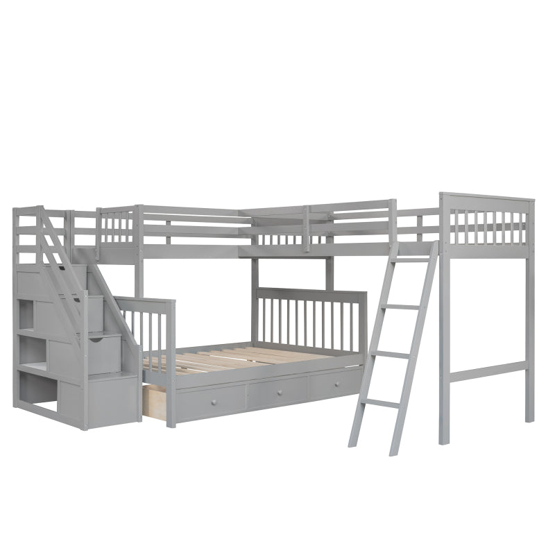 Modern L-Shaped Twin/Full Kids' Bunk with Stairs & Drawers