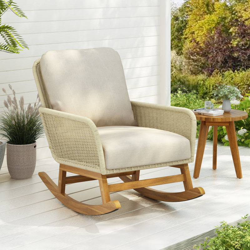 Modern Beige Wicker Rocker for Indoor/Outdoor, Soft Cushions
