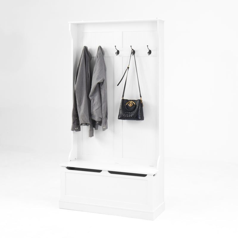 Modern White Hall Tree Bench, Entryway Shoe Storage, 5 Hooks