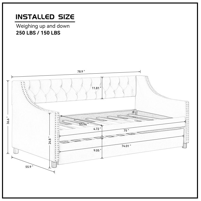 Classic Tufted Daybed w/ Trundle for Guest Room, Full, Beige