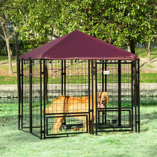 PawHut Red Backyard Dog Kennel with Cover & Rotating Bowls