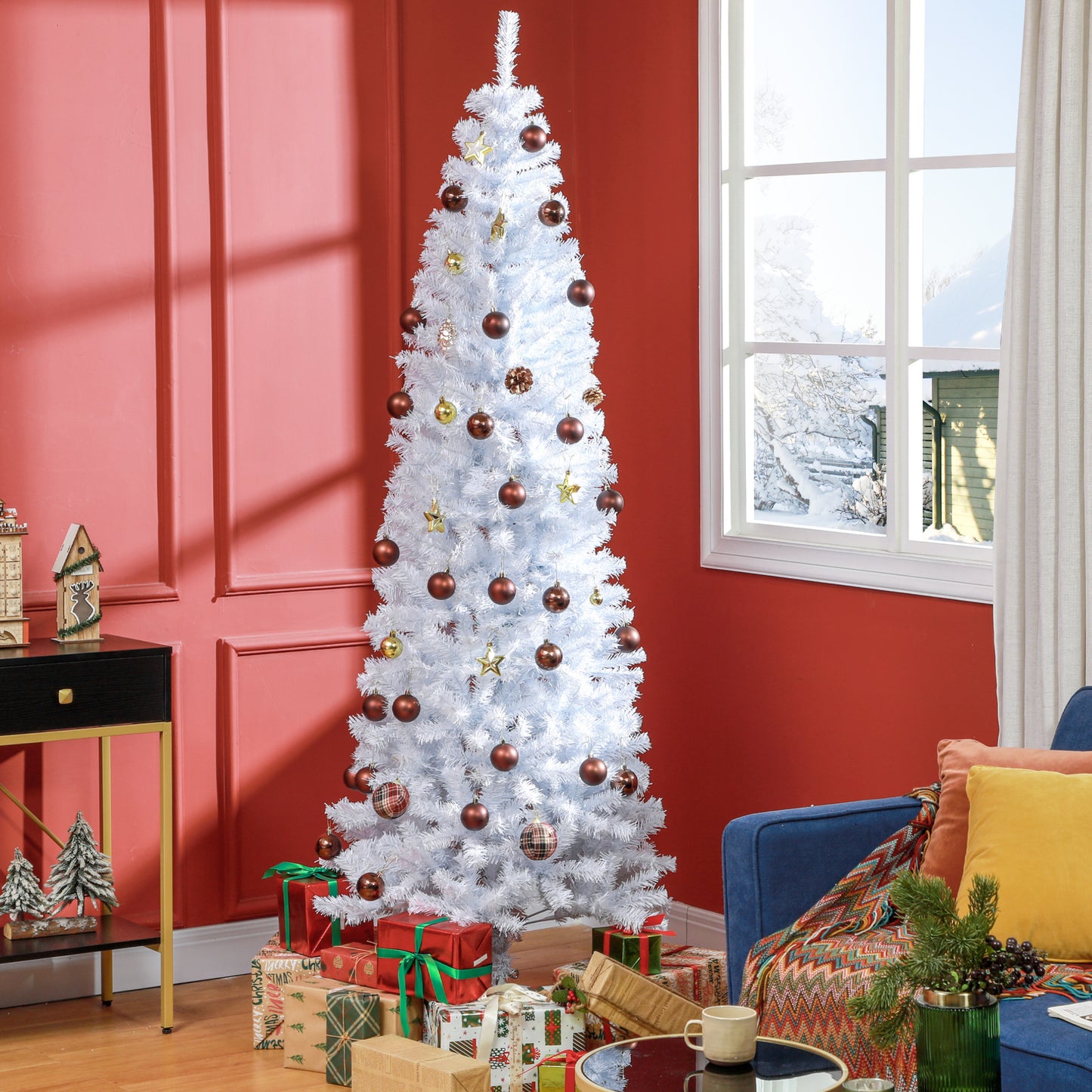 HOMCOM Slim 7 ft White Christmas Tree with Stand for Corners