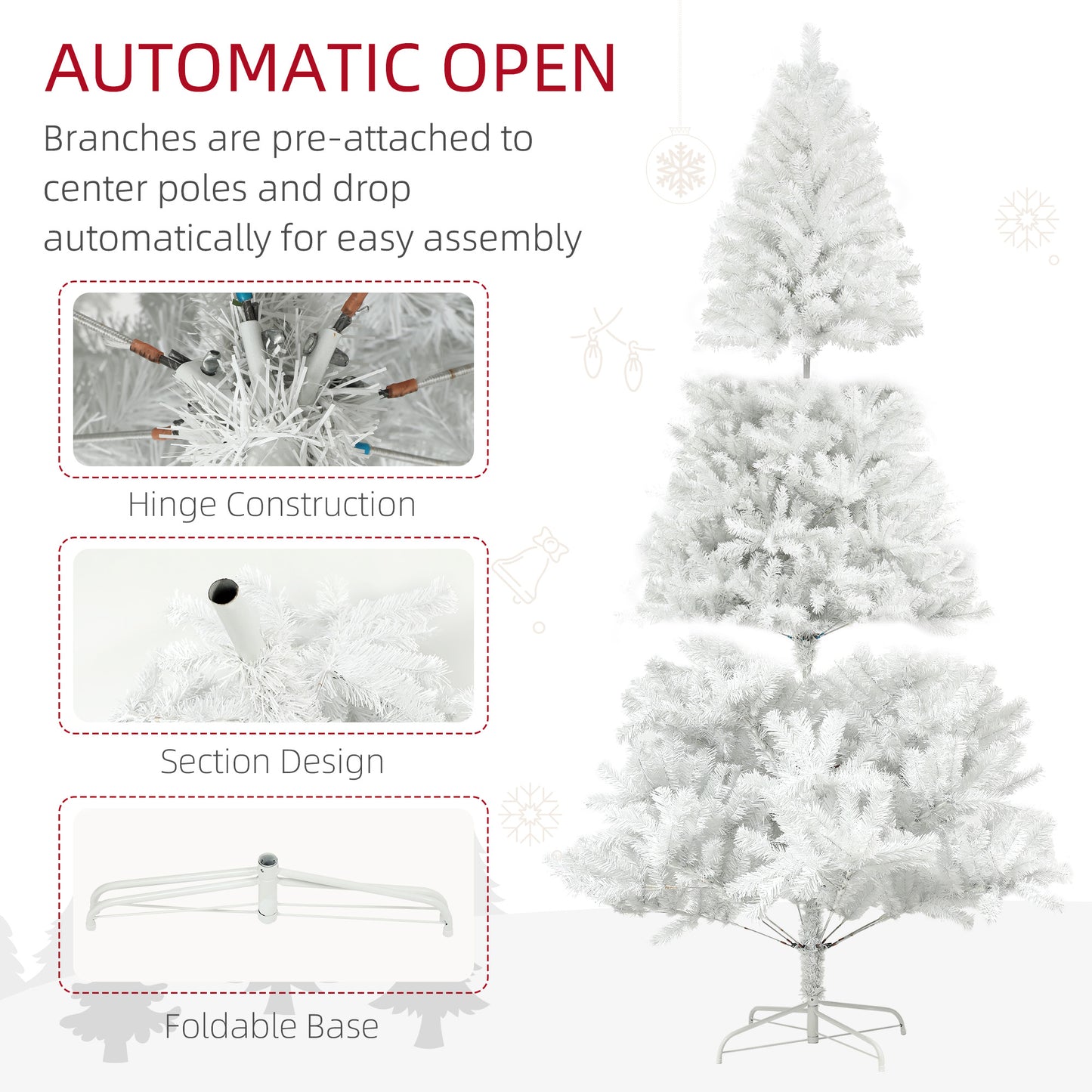 HOMCOM 7.5ft Unlit White Christmas Tree for Home, Auto-Open