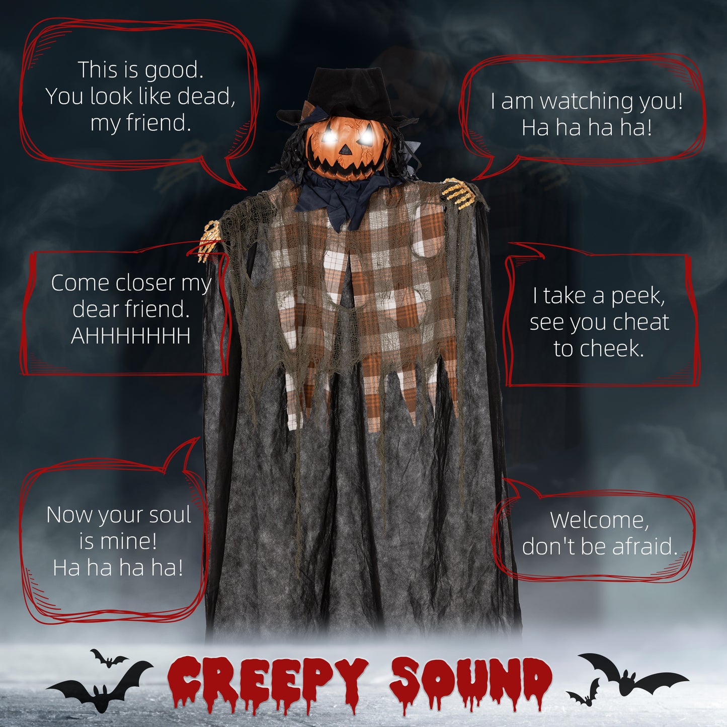 HOMCOM 6ft Hanging Pumpkin Ghost, Outdoor LED Eyes & Sound