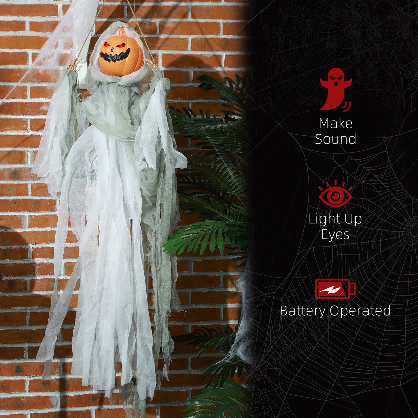 HOMCOM Spooky Hanging Pumpkin Ghost Outdoor Light & Sound