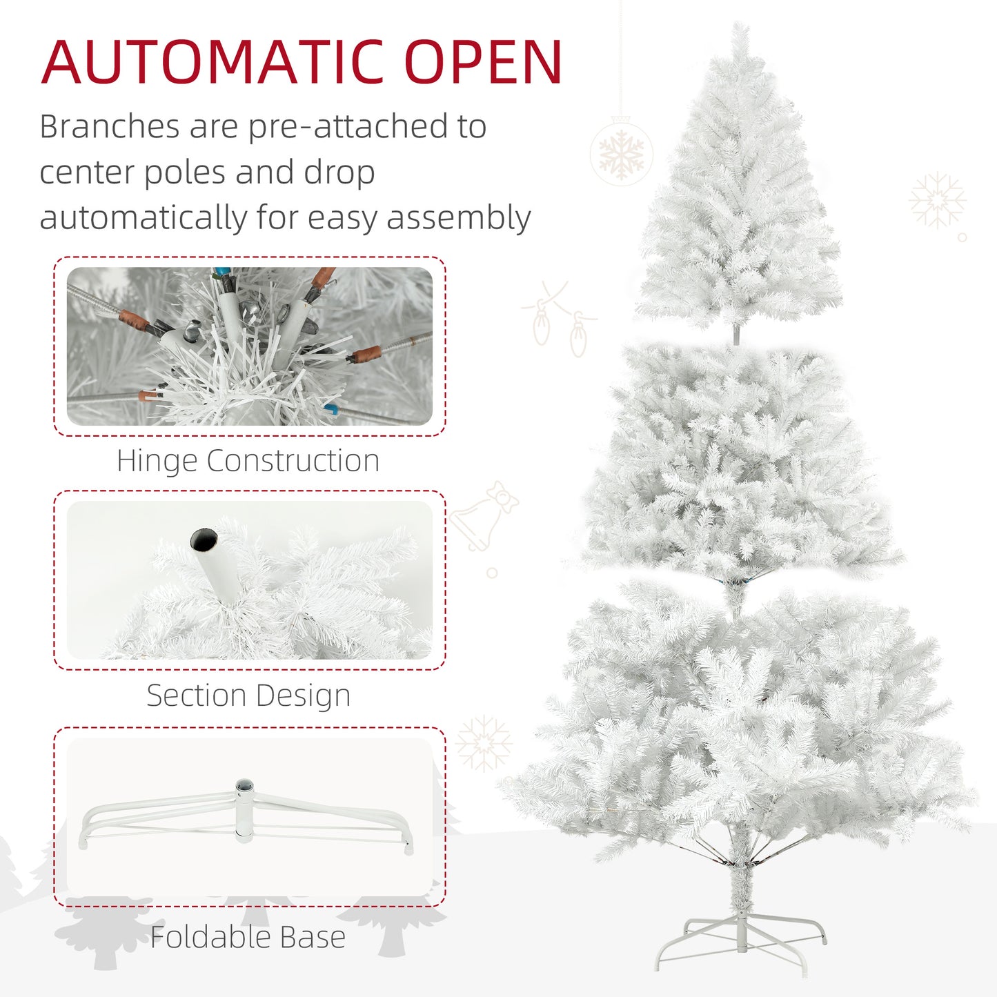 HOMCOM White 9ft Faux Christmas Tree for Holidays, Auto-Open