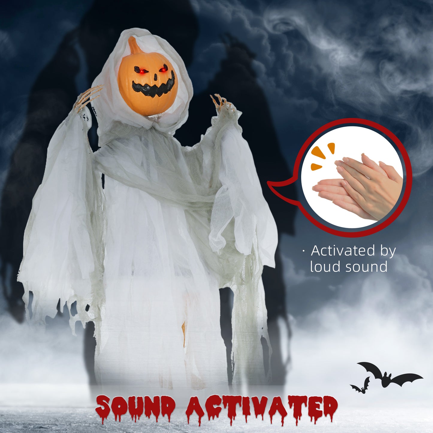 HOMCOM Spooky Hanging Pumpkin Ghost Outdoor Light & Sound