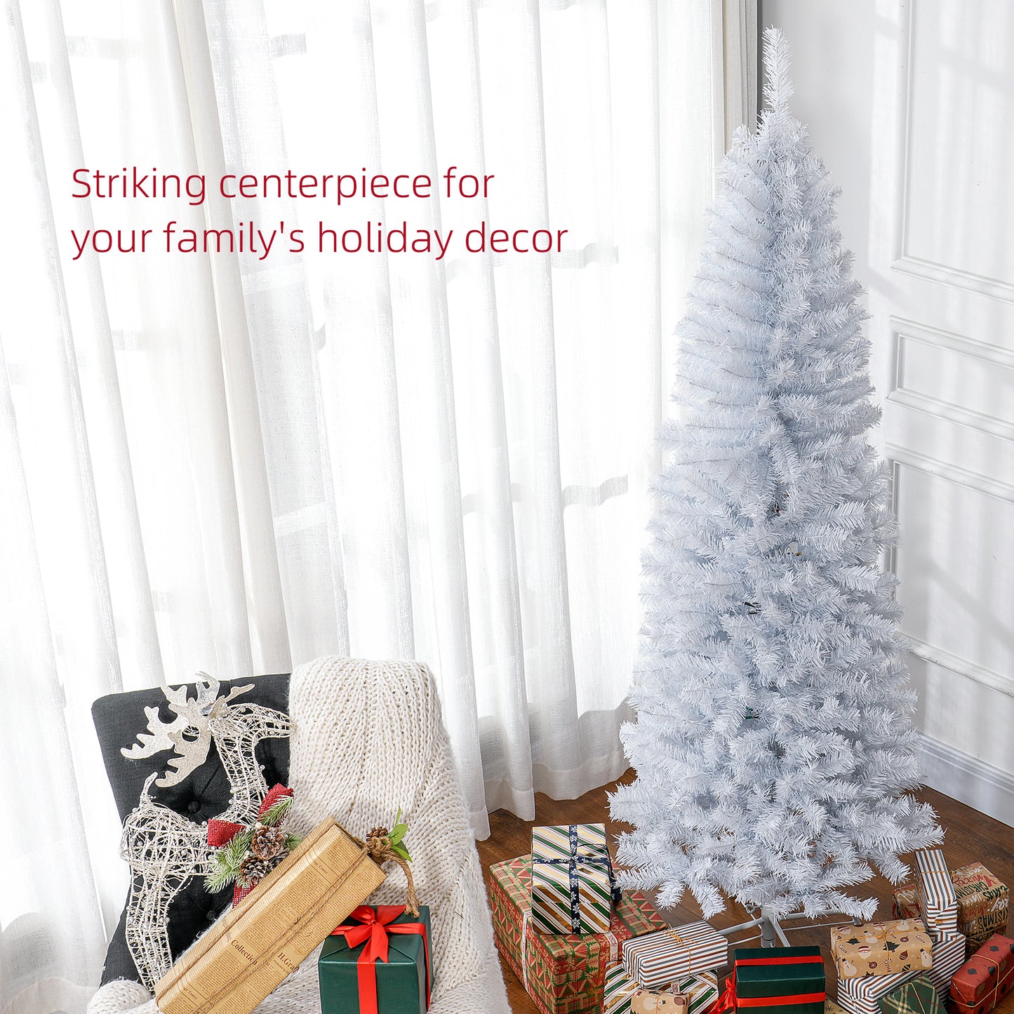 HOMCOM White Pencil Christmas Tree for Home, 6ft, 618 Tips