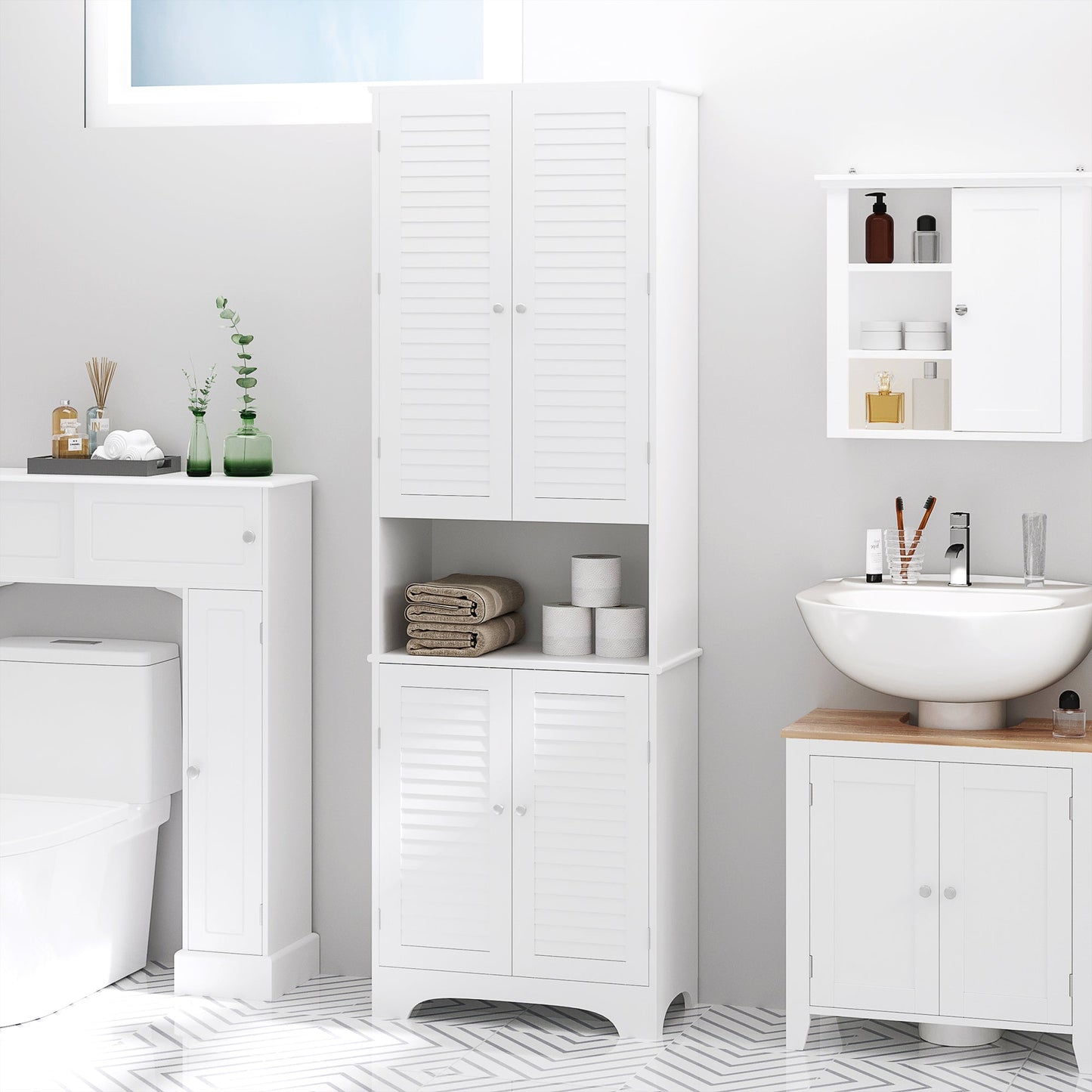 HOMCOM Slim White Bathroom Linen Cabinet, Adjustable Shelves