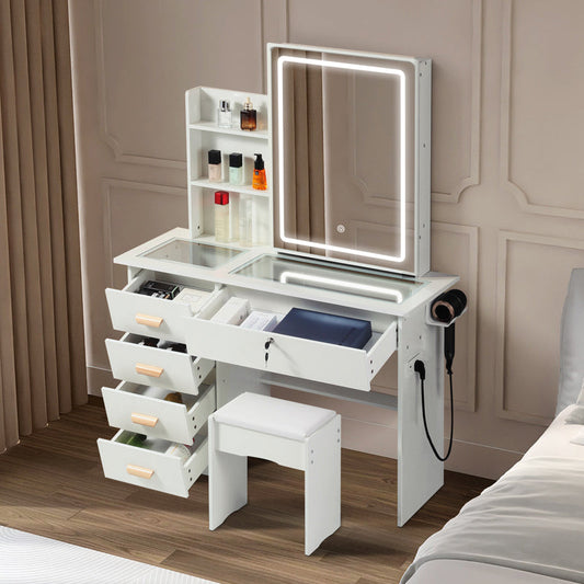 Modern Bedroom Vanity with Smart LED Mirror & Drawers
