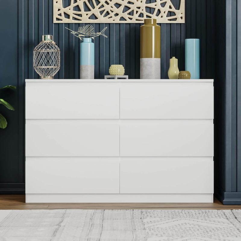 Modern 6-Drawer Double Dresser for Bedroom, Sleek White