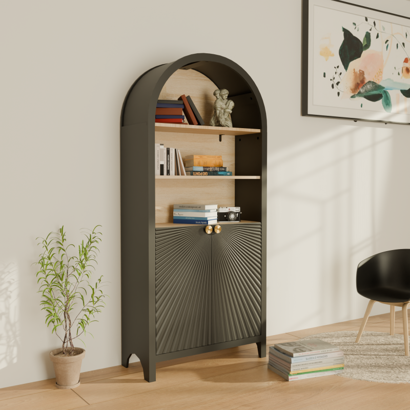 Mid-Century Tall Arched Bookcase with Door for Living Room