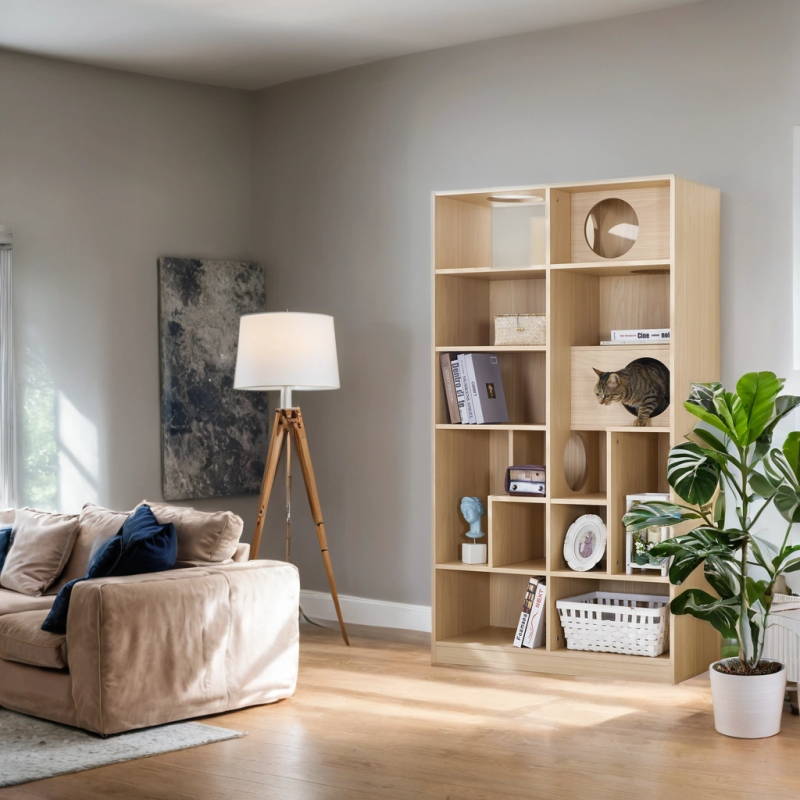 Modern Cat House Bookcase for Living Room Hidden Litter Box