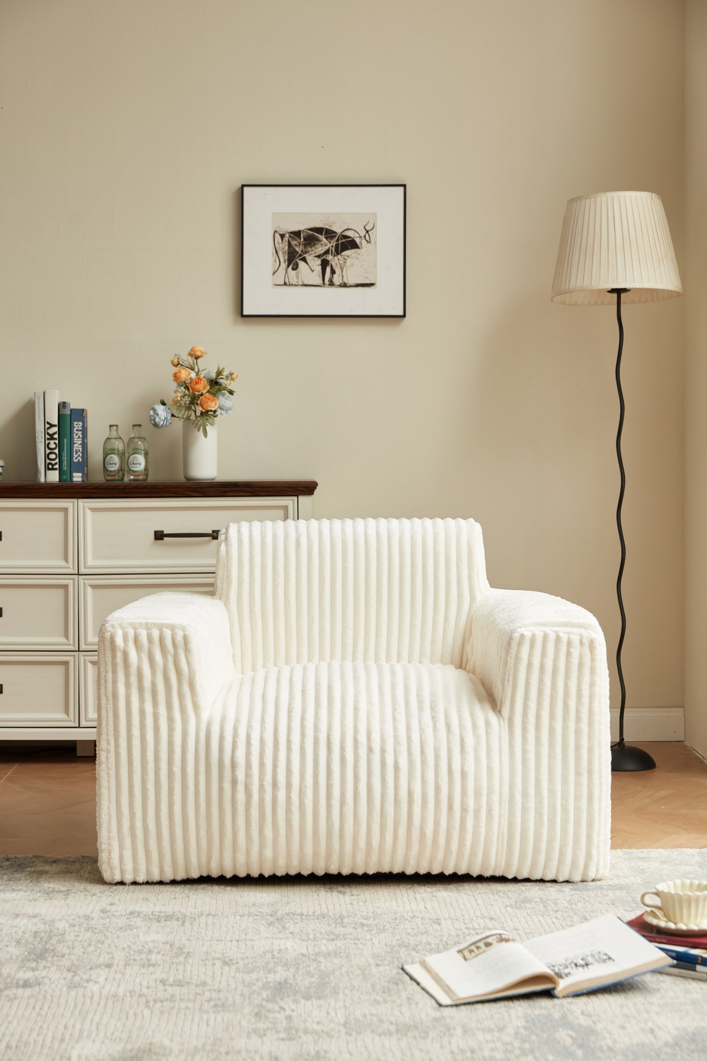 MAXYOYO Giant Bean Bag Chair for Adults, Upholstered Floor Sofa with Pillows and Armrests, Large Bean Bag Sofa Plush Chair Bean Bag Couch for Bedroom Living Room, White