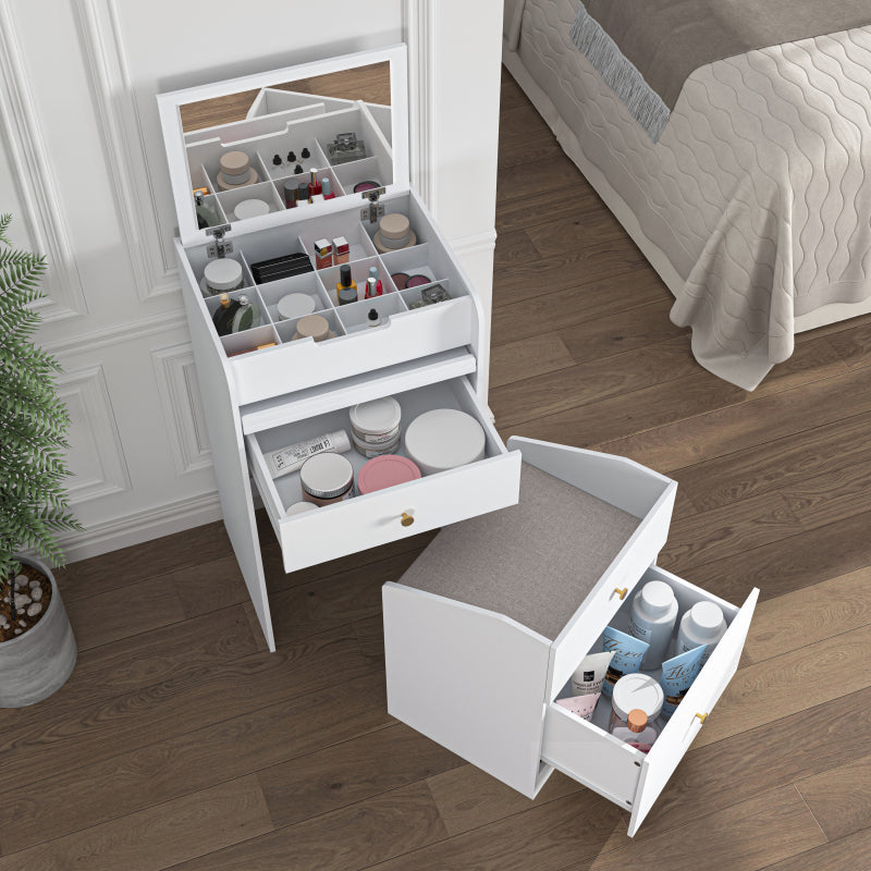 Compact Modern White Vanity Desk, Mirror & Chair for Bedroom