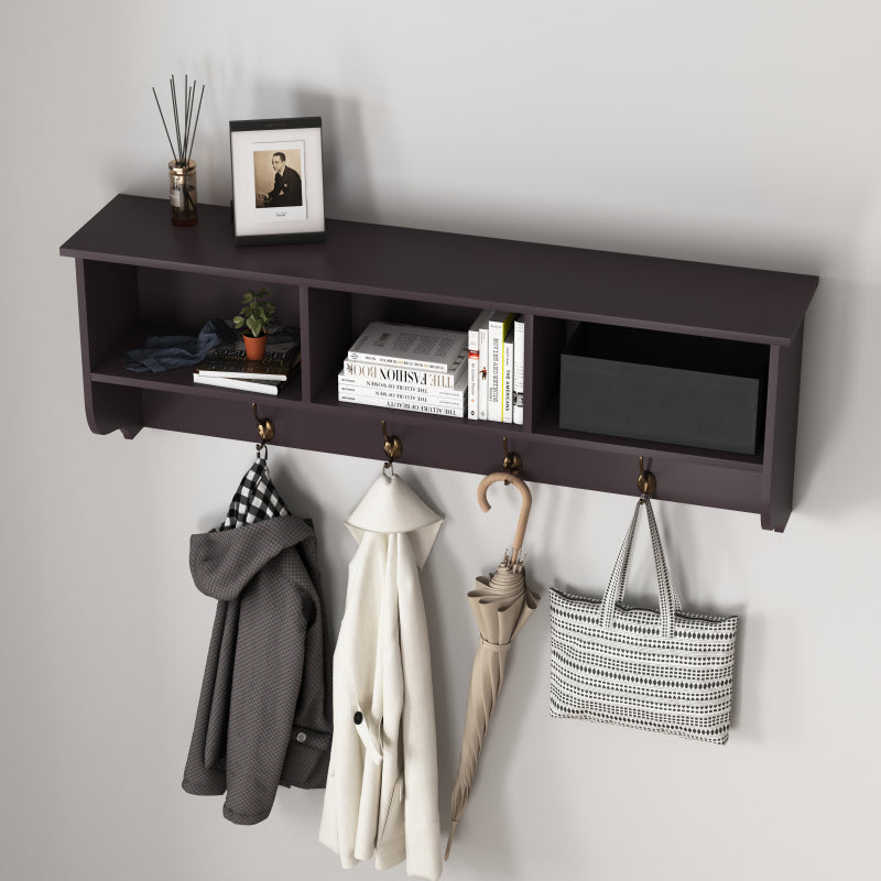Espresso Wall-Mount Coat Rack Shelf, Entryway, 4 Dual Hooks