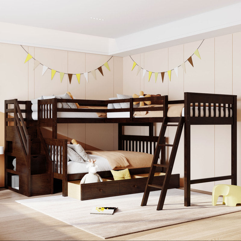 Modern L-Shaped Twin/Full Kids' Bunk with Stairs & Drawers