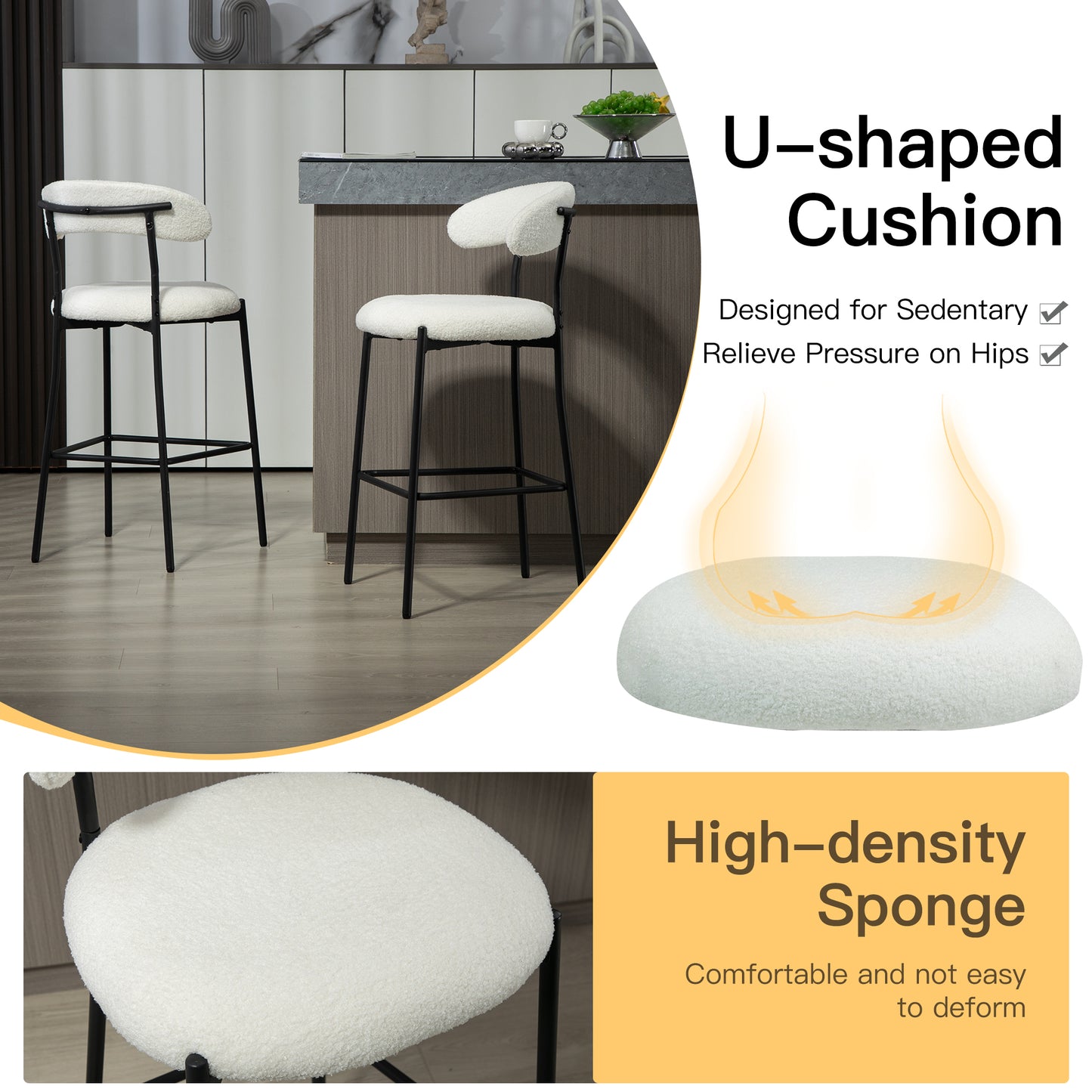 Cozy Teddy Fabric Counter Stool, Kitchen Island, Black Base