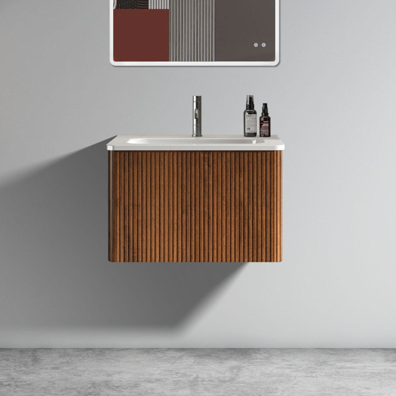 Etna 24-in Striped Walnut Floating Bath Vanity, Ceramic Sink