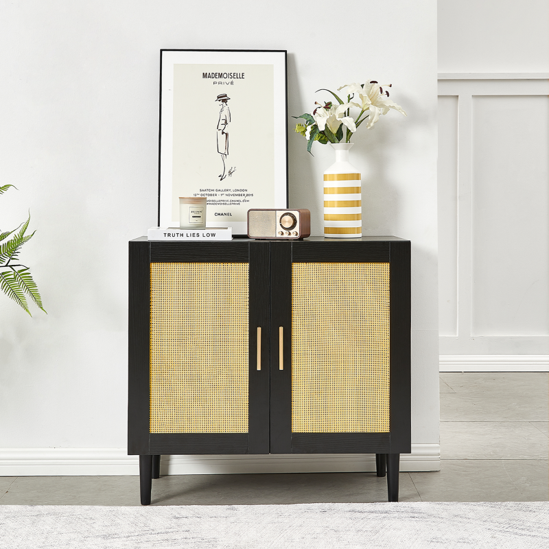 Modern Rattan Sideboard for Living Room, Adjustable Shelves