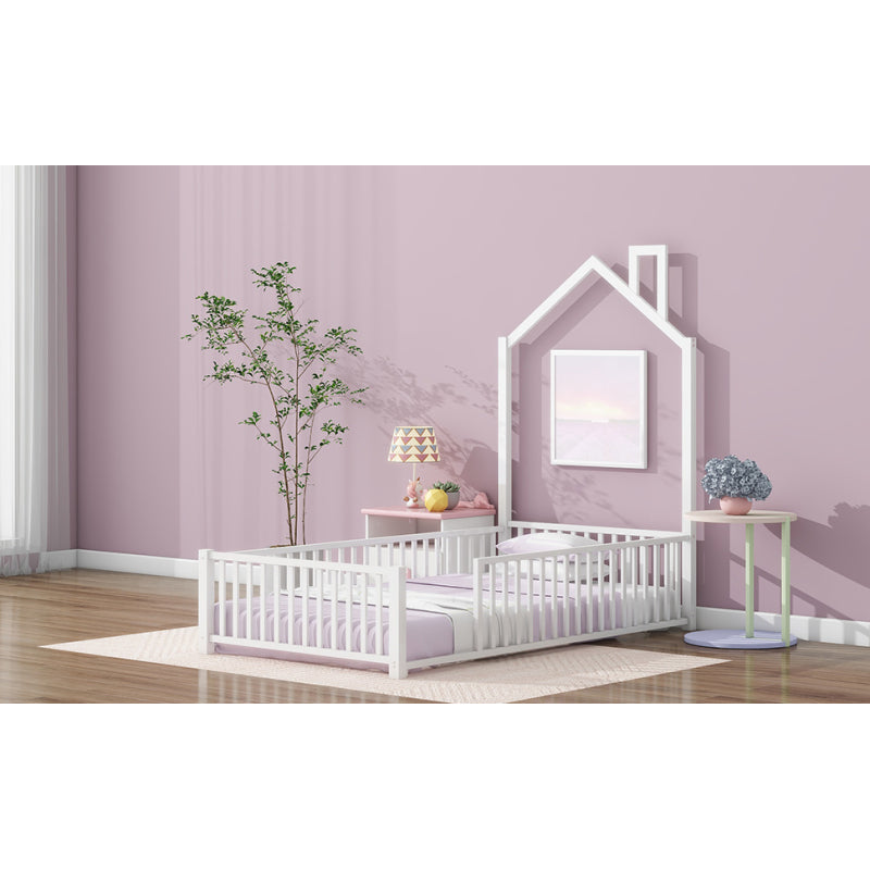 Playhouse Twin Metal Bed for Kids with Guardrail & Chimney