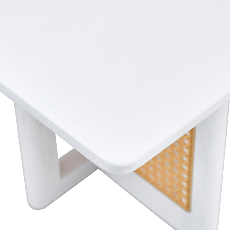 Asian-Style White Solid Wood Coffee Table, Faux Rattan Legs