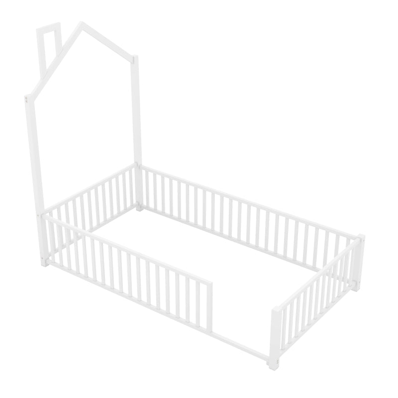 Playhouse Twin Metal Bed for Kids with Guardrail & Chimney