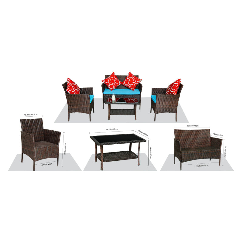 Modern Rattan 4-Piece Patio Sofa Set, Sapphire Blue Cushions