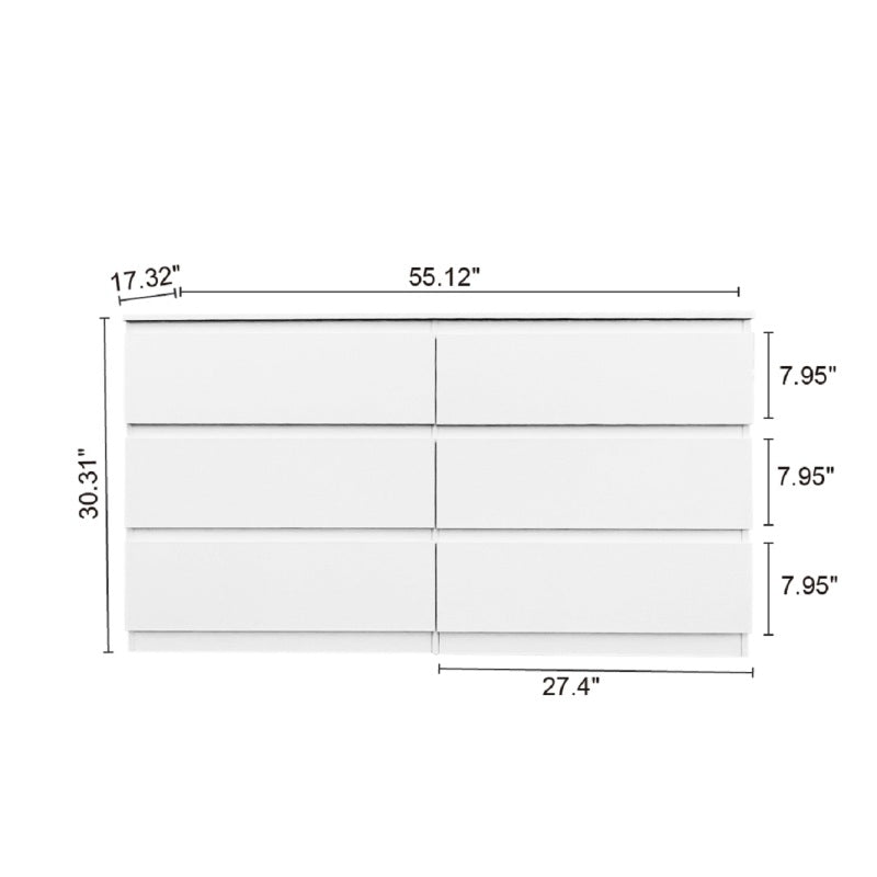 Modern 6-Drawer Double Dresser for Bedroom, Sleek White