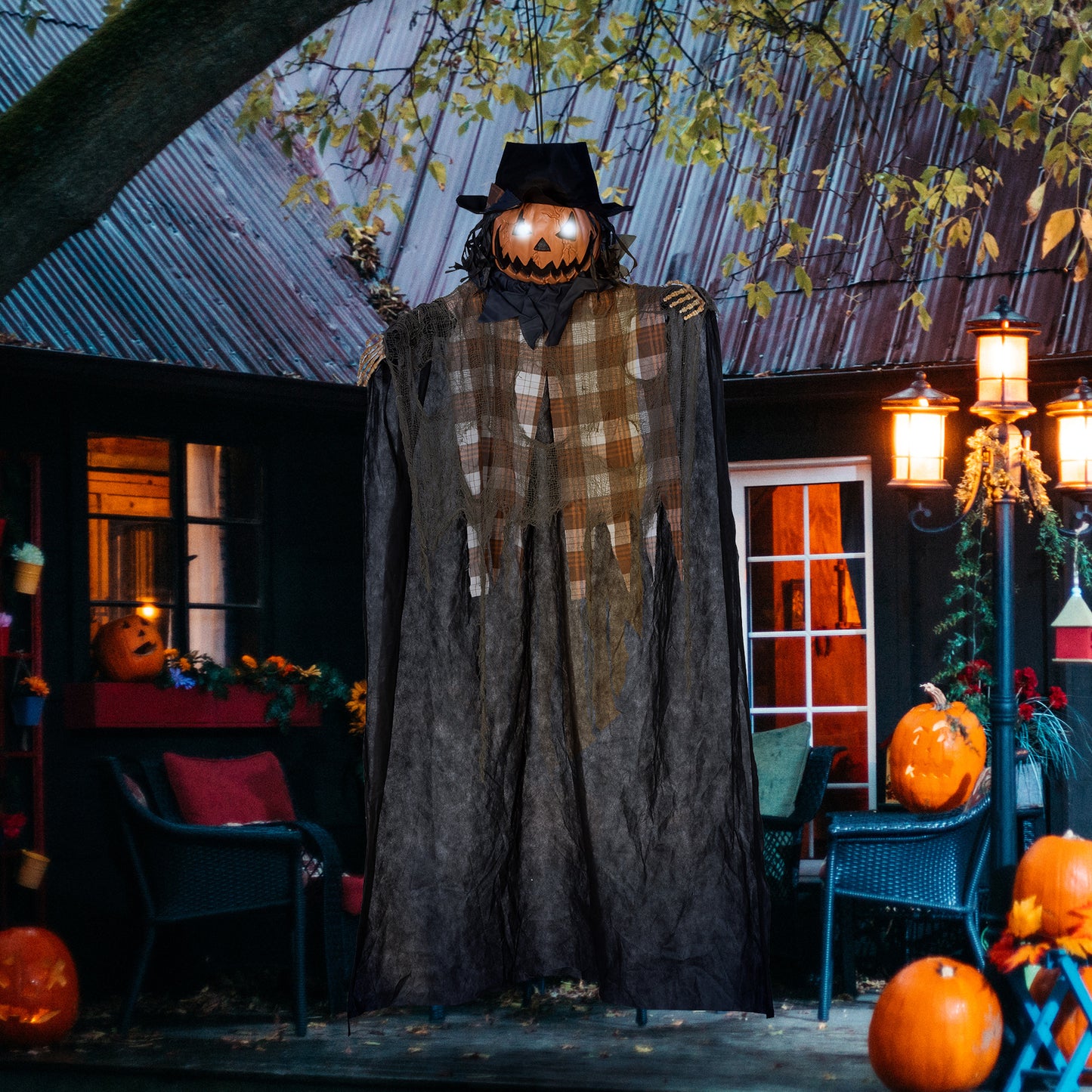 HOMCOM 6ft Hanging Pumpkin Ghost, Outdoor LED Eyes & Sound