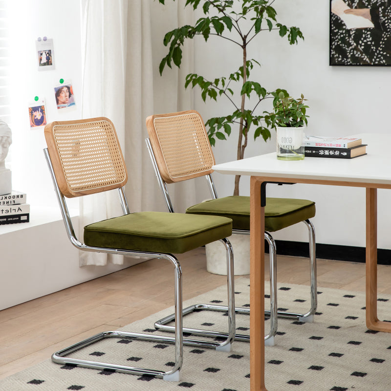 RR Mid-Century Dining Chairs, Velvet & Rattan, Set of 2