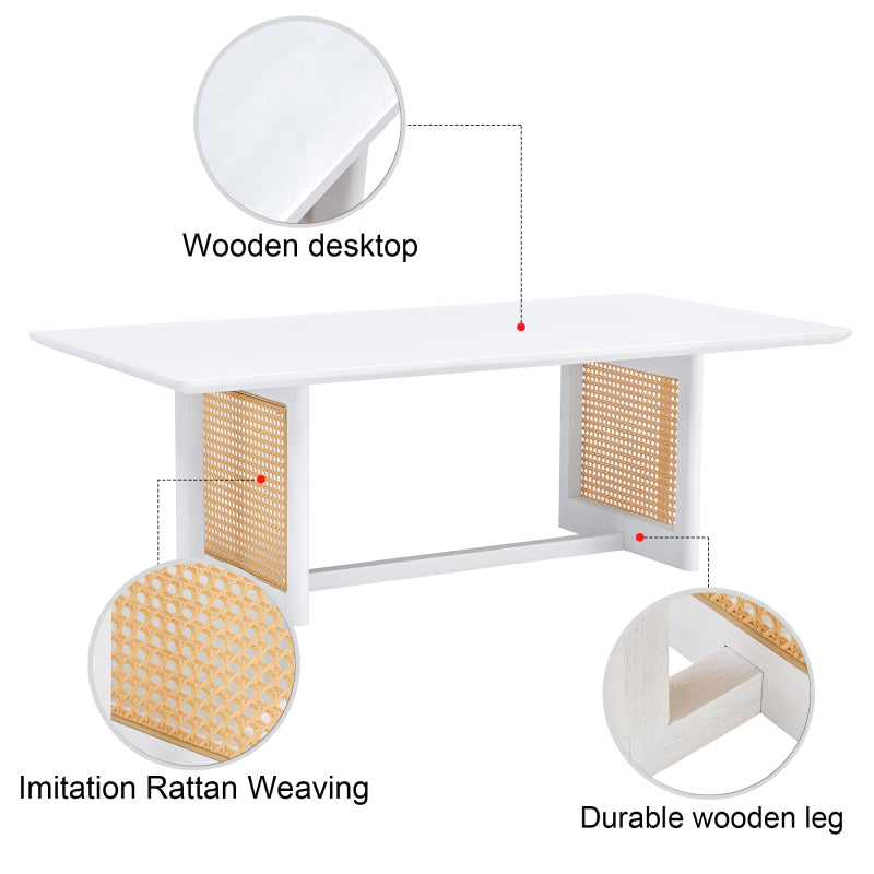 Asian-Style White Solid Wood Coffee Table, Faux Rattan Legs