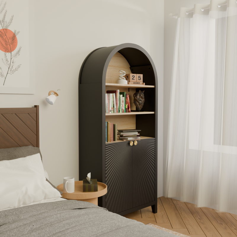 Mid-Century Tall Arched Bookcase with Door for Living Room