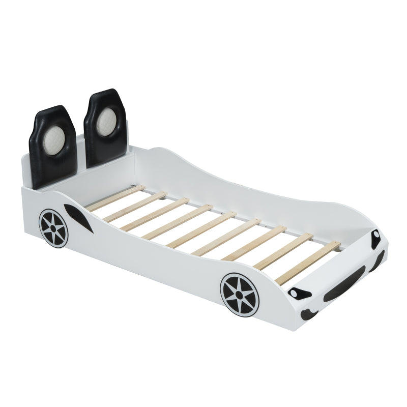 Race Car Twin Platform Bed for Kids, LED & Padded Headboard
