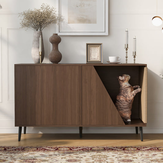 Modern Walnut End Table for Living Room, Hidden Litter Box