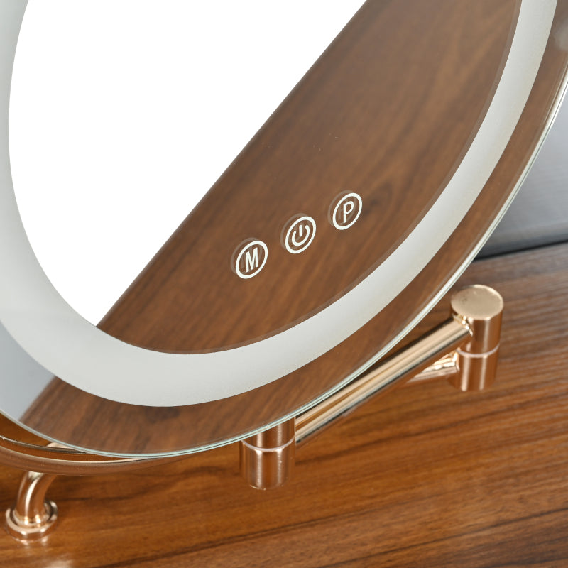 Modern Walnut Corner Vanity Set for Small Spaces, LED Mirror