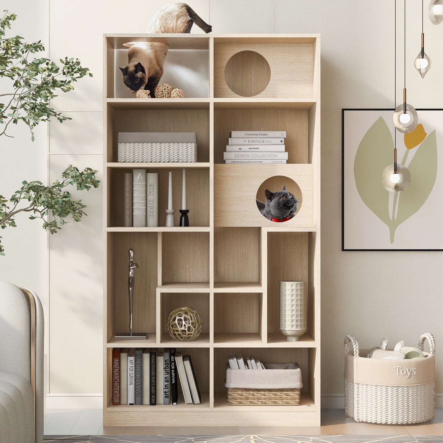Modern Cat House Bookcase for Living Room Hidden Litter Box