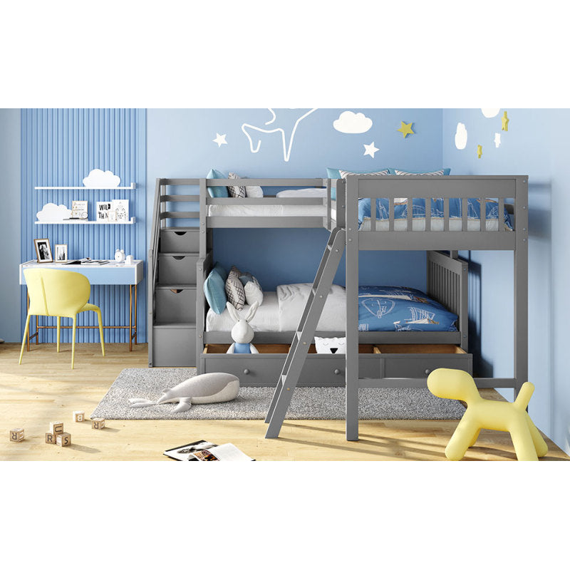 Modern L-Shaped Twin/Full Kids' Bunk with Stairs & Drawers