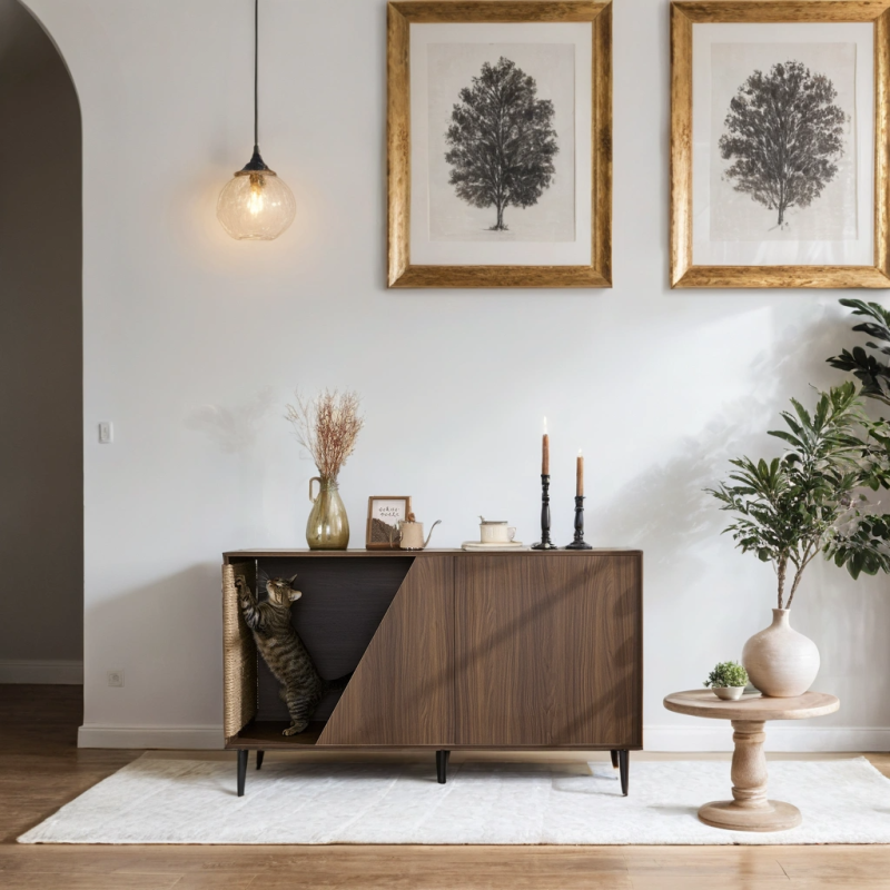 Modern Walnut End Table for Living Room, Hidden Litter Box