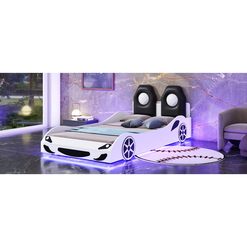 Race Car Twin Platform Bed for Kids, LED & Padded Headboard