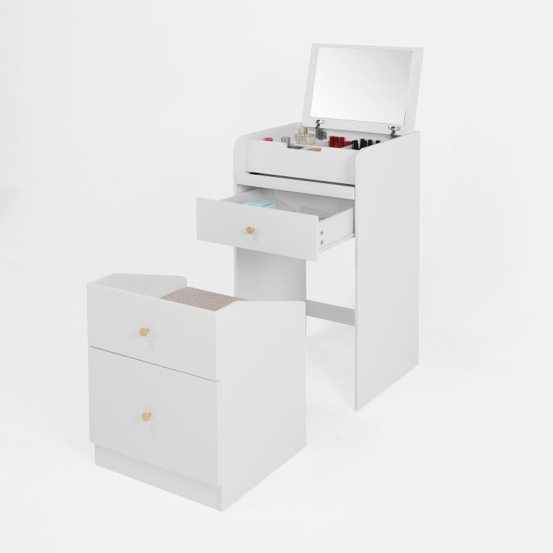 Compact Modern White Vanity Desk, Mirror & Chair for Bedroom
