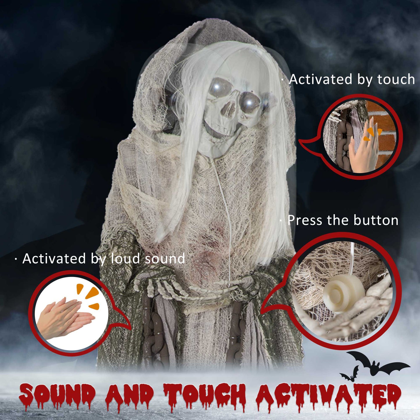 Outsunny 74in Skeleton Witch, Halloween Yard, Sound & Motion