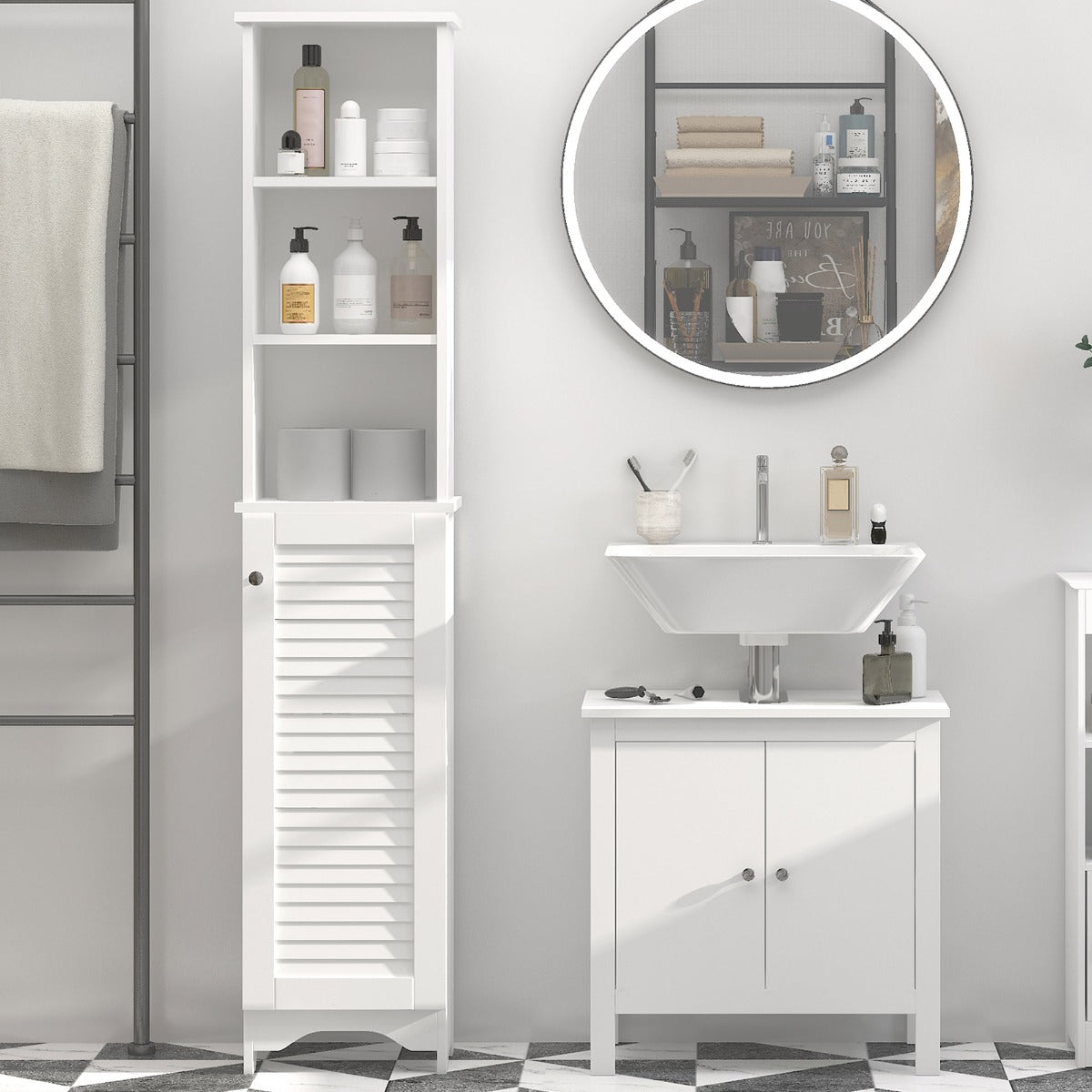 HOMCOM Modern White Bathroom Linen Tower, Adjustable Shelves