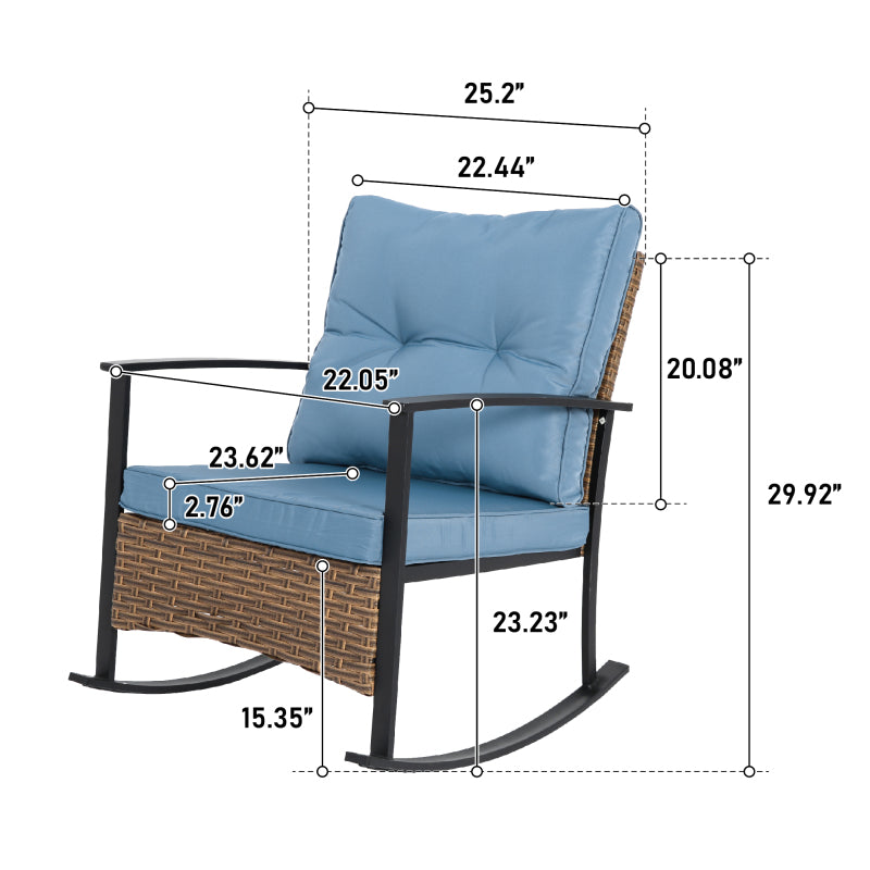 Wicker Patio Rocking Chair Set, 3-Pc, Blue, Compact