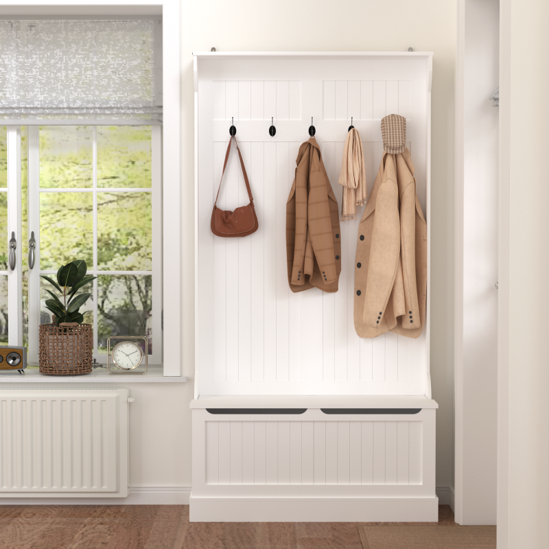 Modern White Hall Tree Bench, Entryway Shoe Storage, 5 Hooks