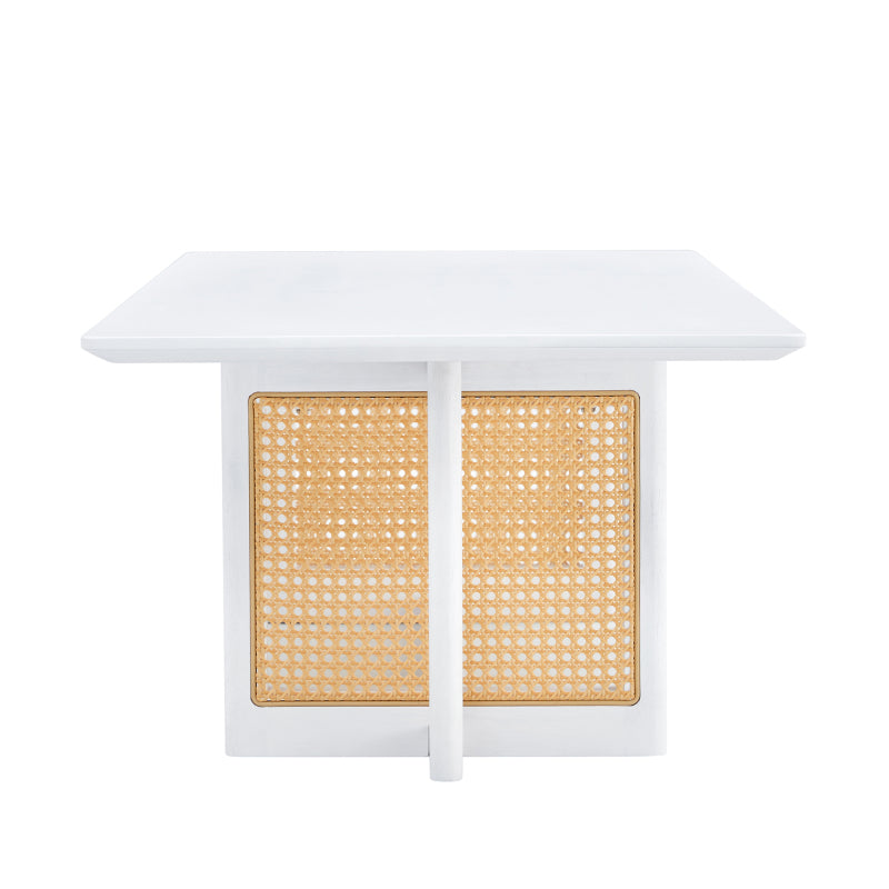 Asian-Style White Solid Wood Coffee Table, Faux Rattan Legs
