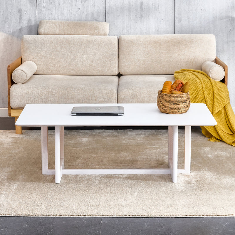 Asian-Style White Solid Wood Coffee Table, Faux Rattan Legs