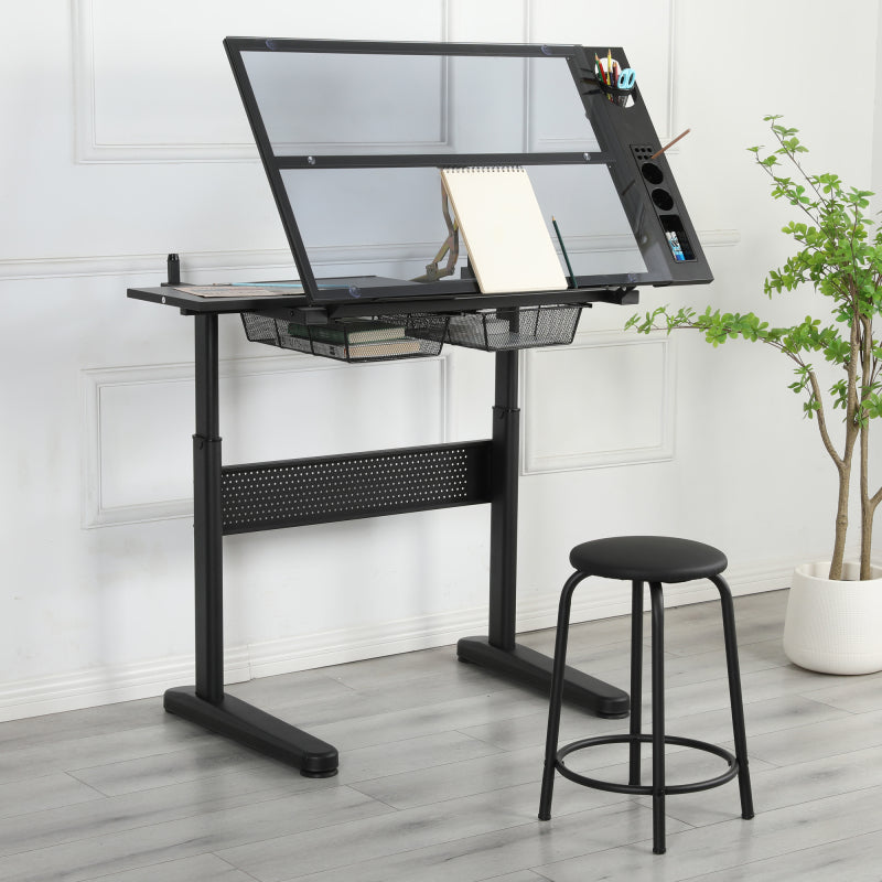 Industrial Drafting Table & Stool for Studio, Hand Crank