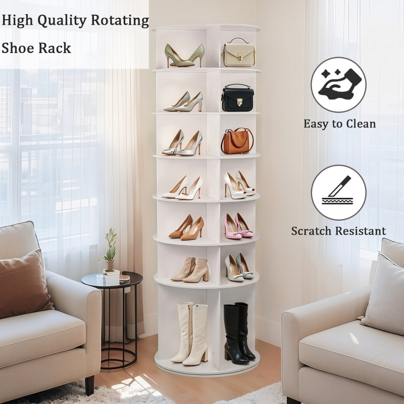 7 Tier Rotating Shoe Rack, High Bottom Design Rotating Shoe Rack Tower, Free Standing 360° Spinning Shoe Organizer, Round Display Spinning Shoe Rack Tower, Fits 28 Pairs of Shoes (White)