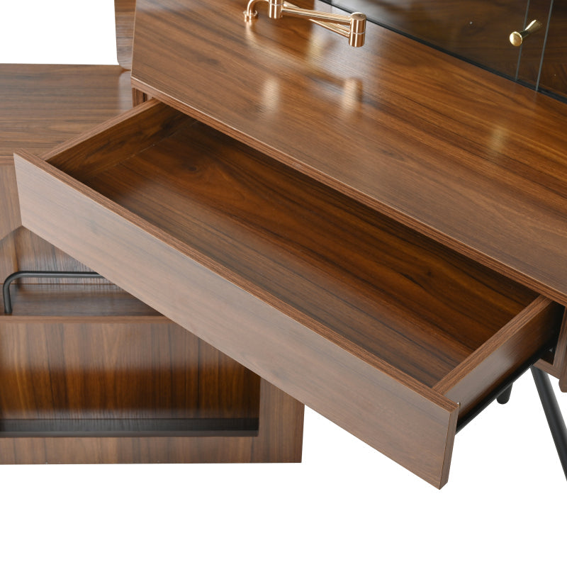 Modern Walnut Corner Vanity Set for Small Spaces, LED Mirror